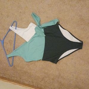 Blue and white colorblock faux tie one-piece swimsuit